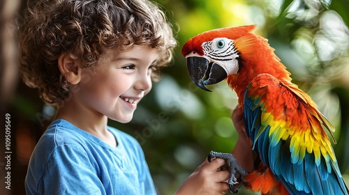 Vet showing a curious child how to gently hold their bird during a health examination Stock Photo with side copy space