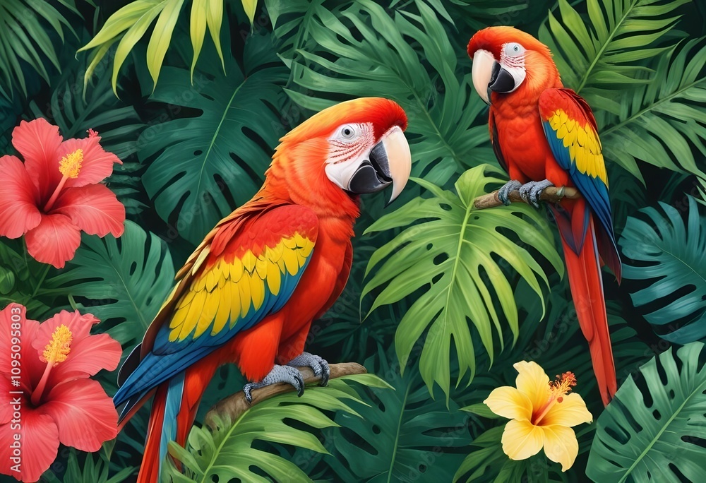 Tropical exotic pattern with animal and flowers in bright colors and lush vegetationn Tropical exotic pattern with animal and flowers in bright colors and lush vegetationn