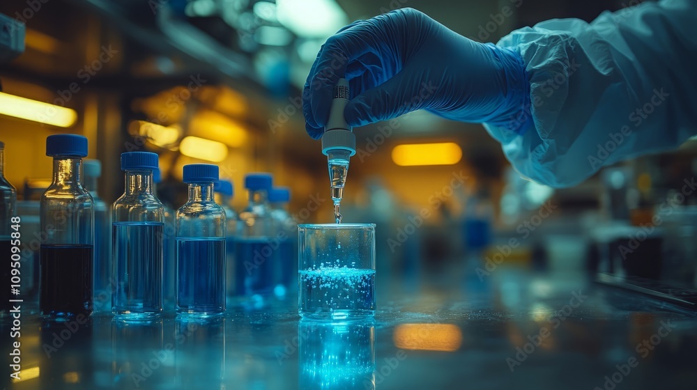 Scientist conducting a chemical experiment on the monkeypox virus, carefully dropping a substance into a test tube, with a blurred laboratory background emphasizing virus research and scientific proce Scientist conducting a chemical experiment on the monkeypox virus, carefully dropping a substance into a test tube, with a blurred laboratory background emphasizing virus research and scientific proce