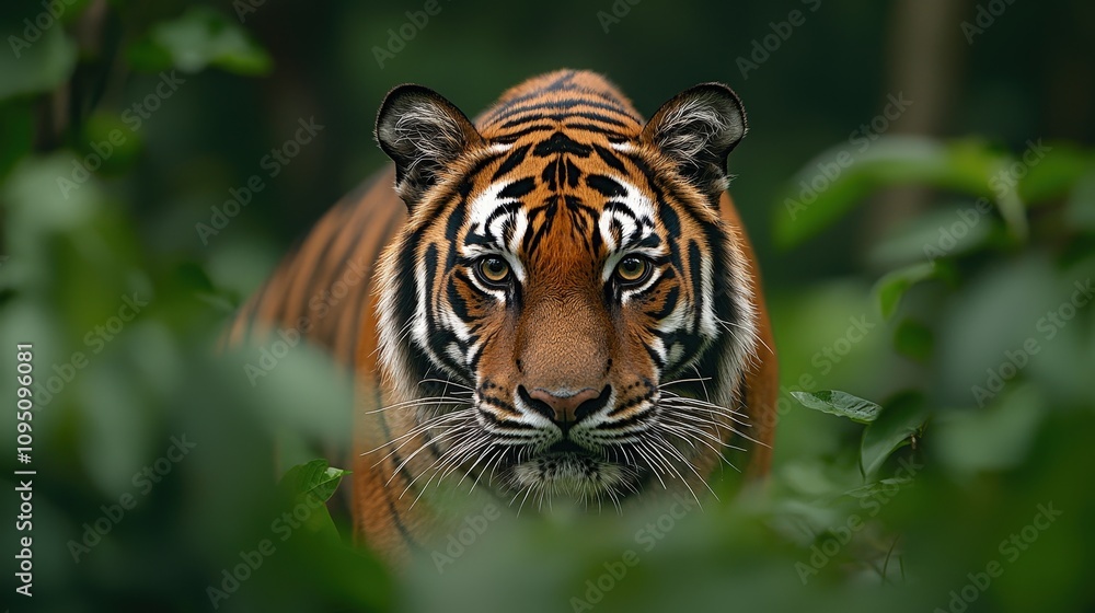 Fototapeta premium Majestic Tiger Close Up Wild Cat in Lush Jungle Foliage