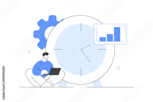 Character working on part and full time job positions or freelance at home. Big clock. Flexible and hybrid working hours. Flat Cartoon Vector Illustration, icon. Stylish abstract