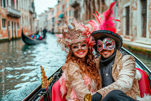 Couple in a gondola with carnival masks in Venice