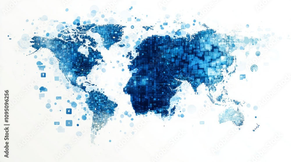 Abstract blue world map with digital data points. Abstract blue world map with digital data points.