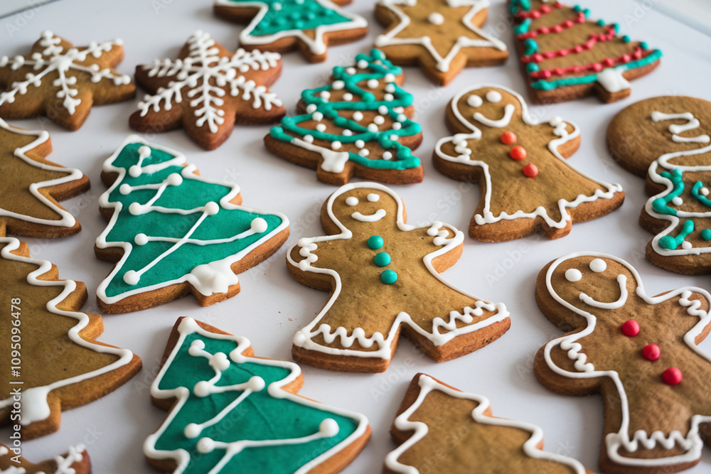 Delightful Christmas gingerbread cookies brown and green with white frosting
Delightful Christmas gingerbread cookies brown and green with white frosting