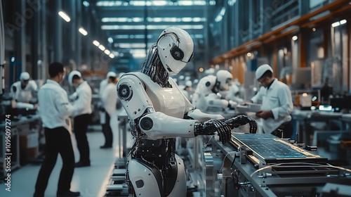 Advanced Robot Works On Assembly Line In Modern Factory