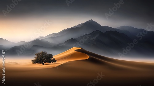 Fototapeta Naklejka Na Ścianę i Meble -  A recumbent landscape of a vast desert with sand dunes flowing in sweeping patterns, photographed from above to show the undulating curves of the terrain and the contrast between light and shadow. 
