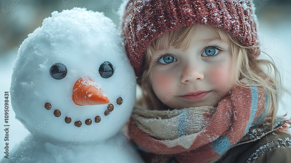 A child with sparkling eyes standing beside a snowman, their scarf blowing gently in the wind, vibrant frost details on the snowman’s fabric and the child’s woolen hat, Canon EOS R6 with 20mm lens,