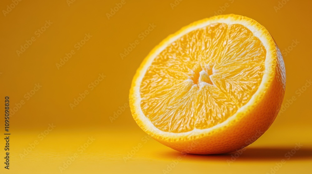 Fototapeta premium Freshly Cut Orange Half with Juicy Segments on Bright Yellow Background, Perfectly Displaying Vibrant Colors and Natural Textures for Food Photography