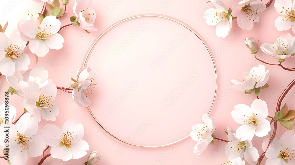 A circular floral frame of dainty blossoms and soft vines surrounding a clear center A circular floral frame of dainty blossoms and soft vines surrounding a clear center