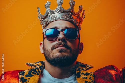A triumphant male wearing sunglasses and crown, retro news print style.