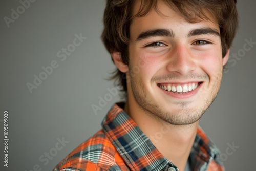 A smiling young man wearing a plaid shirt, ready for an adventure