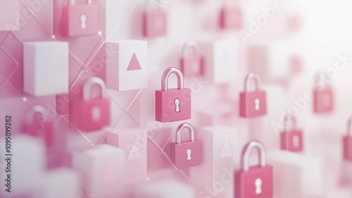 Social Media Regulation Concept. A visually appealing arrangement of pink locks and geometric shapes, symbolizing security, privacy, and technology in a modern digital context.