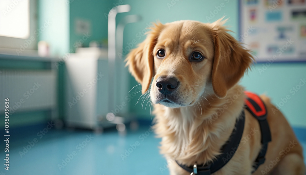 Golden Retriever Puppy with Curious Expression Sitting in Veterinary Clinic Golden Retriever Puppy with Curious Expression Sitting in Veterinary Clinic