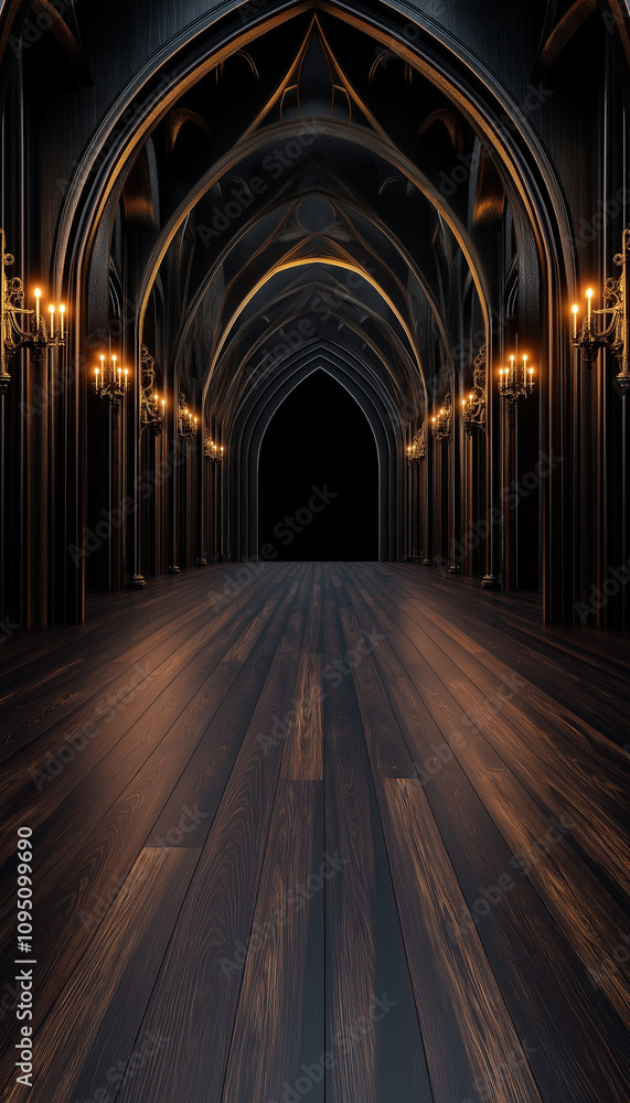 3D render of a gothic castle backdrop for photography, with a floor and walls featuring a dark wood texture, hyper-realistic, against a dark night sky. 3D render of a gothic castle backdrop for photography, with a floor and walls featuring a dark wood texture, hyper-realistic, against a dark night sky.