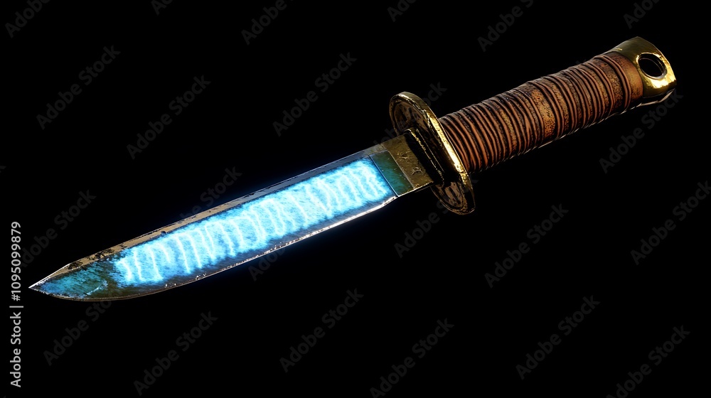 A glowing blue energy knife with a rustic wooden handle A glowing blue energy knife with a rustic wooden handle