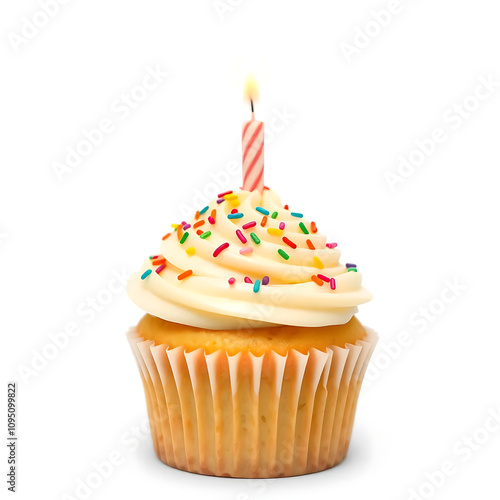 White birthday cupcake with light candle in the middle. Delightful vanilla cupcake with colorful sprinkles and lit candle