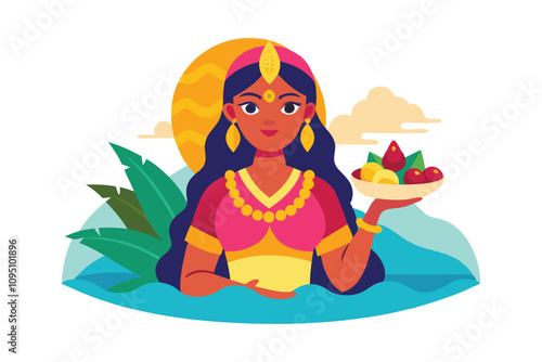 Chhath Puja Festival Vector - Traditional Indian Celebration with Offerings, Sun Worship, and Vibrant Cultural Art