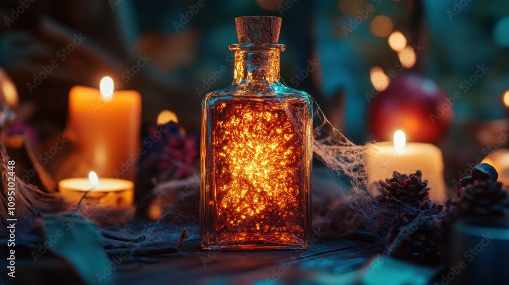 Glowing Bottle of Potion with Candles and Cobwebs Glowing Bottle of Potion with Candles and Cobwebs