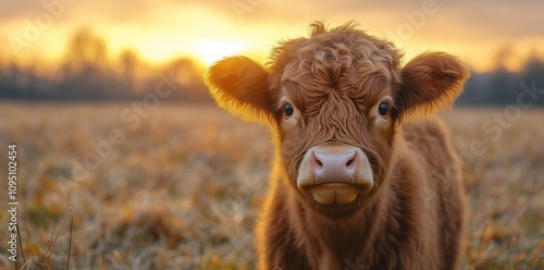 Highland Calf at Sunset Golden Hour Pasture