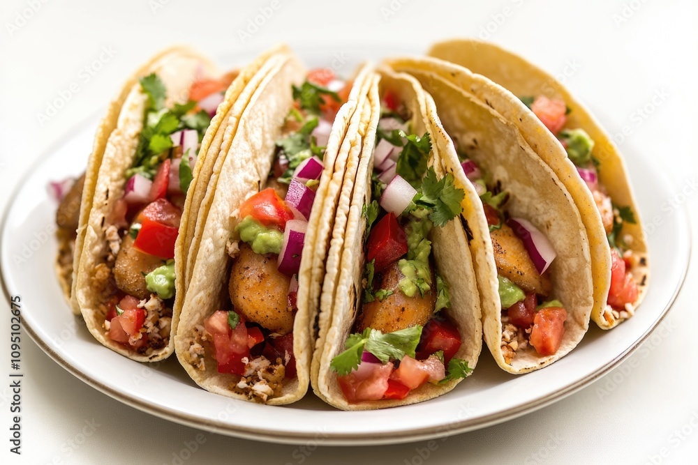 A delicious meal of tacos served on a clean white plate, perfect for food photography or editorial use A delicious meal of tacos served on a clean white plate, perfect for food photography or editorial use