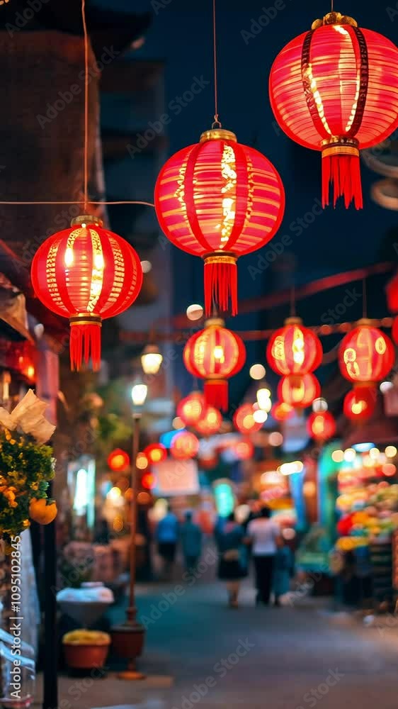 Celebrating Chinese New Year with vibrant lanterns in a lively street decorated for the festival Celebrating Chinese New Year with vibrant lanterns in a lively street decorated for the festival