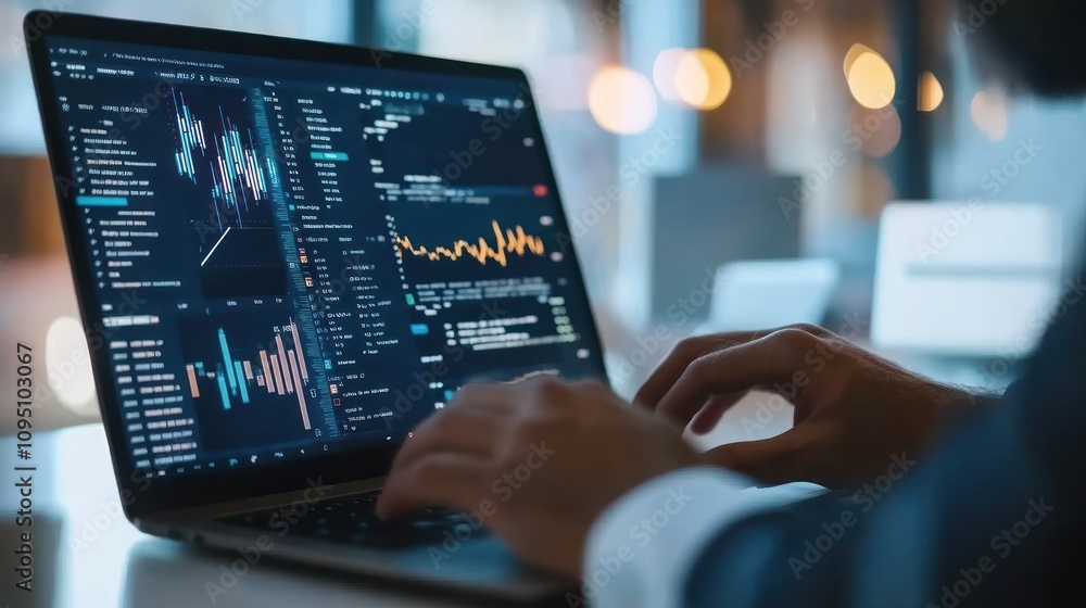Data Analysis on Laptop Screen, Businessman Working Late Data Analysis on Laptop Screen, Businessman Working Late