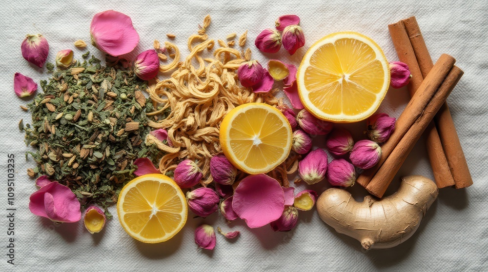 TOP VIEW of Ginger, Flower and Cinnamon Herbal Tea Ingredients TOP VIEW of Ginger, Flower and Cinnamon Herbal Tea Ingredients