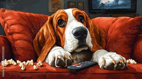 Obraz na płótnie A humorous cartoon-style illustration of a basset hound lounging on a couch with a TV remote in one paw and popcorn scattered around, set in a cozy living room scene. w salonie