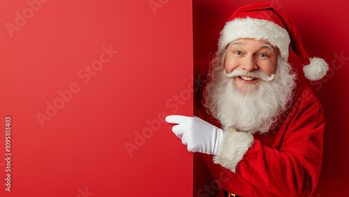 santa claus pointing at copy space, empty red background