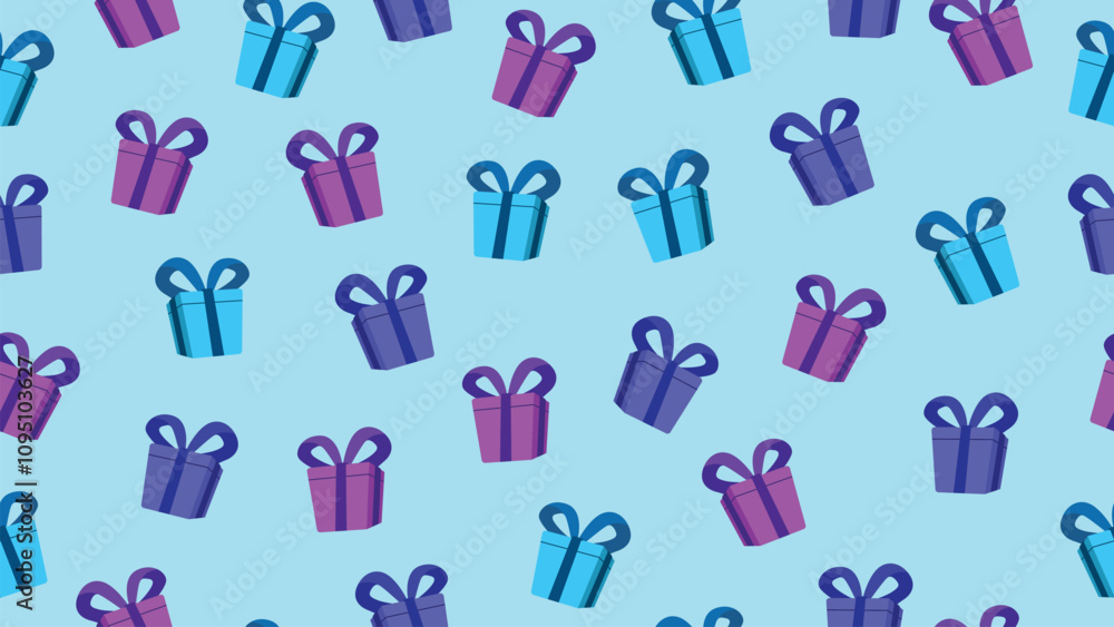 Gift boxes seamless pattern background. Cyan, blue, purple gift boxes motif with ribbons. Gift boxes seamless pattern background. Cyan, blue, purple gift boxes motif with ribbons.