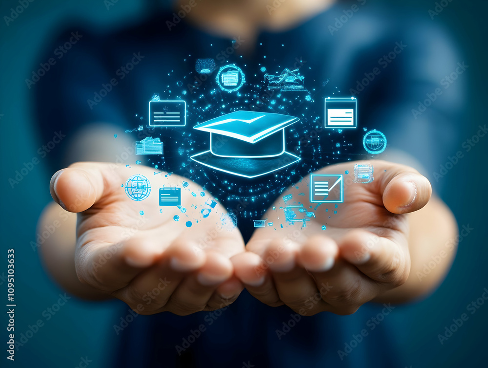 Illustration - Online Education, E-learning, Graduation Cap Illustration - Online Education, E-learning, Graduation Cap