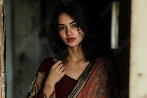 Indian woman holding a handwoven cotton shawl, standing in a minimal, earthy space. --ar 3:2 --personalize v73lhwr --v 6.1 Job ID: 922f0f3b-d516-4d1e-a415-74a9e92032b5