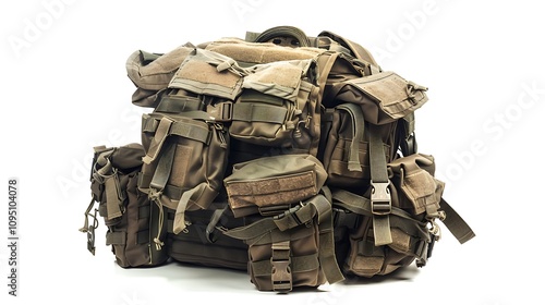 Side view of a tactical Army backpack with straps and compartments isolated on a white background.