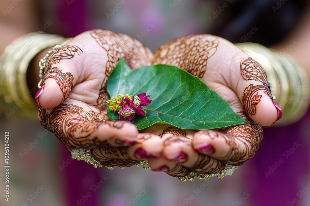 Naklejka premium Close-up of an Indian woman’s hand with henna art, holding a single leaf.