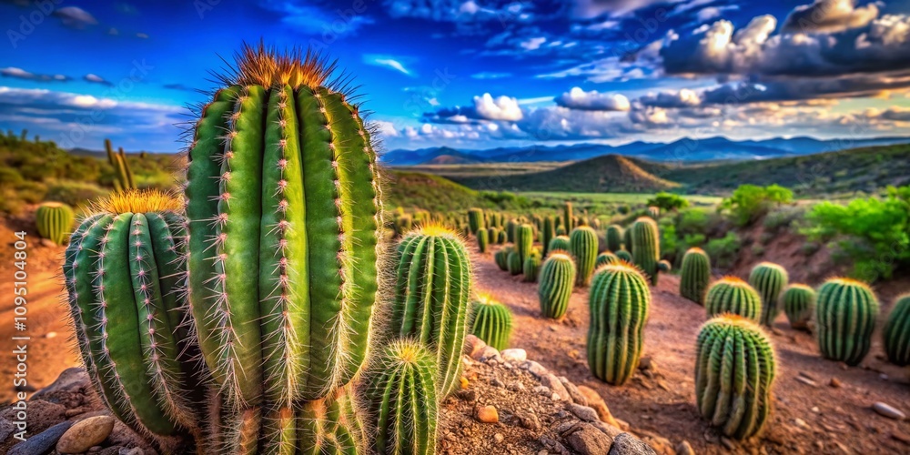 Stunning Close-Up of Xique-Xique Cactus Thriving in the Brazilian Caatinga Landscape with Rich Textures and Lush Surroundings Under Bright Blue Sky Stunning Close-Up of Xique-Xique Cactus Thriving in the Brazilian Caatinga Landscape with Rich Textures and Lush Surroundings Under Bright Blue Sky