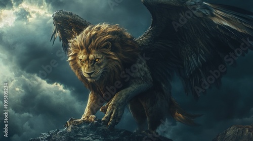 A hybrid creature with the body of a lion animal and the wings and talons of a golden eagle on a rocky cliff peak background wallpaper AI generated image