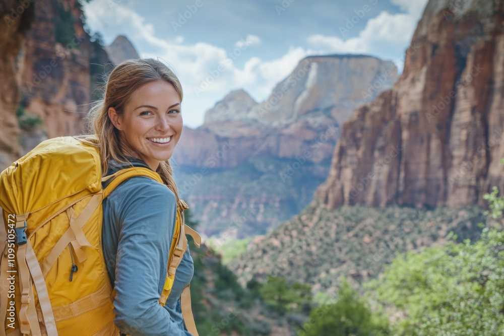 A happy woman with a yellow backpack is smiling at the camera, suitable for travel or outdoor-themed projects A happy woman with a yellow backpack is smiling at the camera, suitable for travel or outdoor-themed projects
