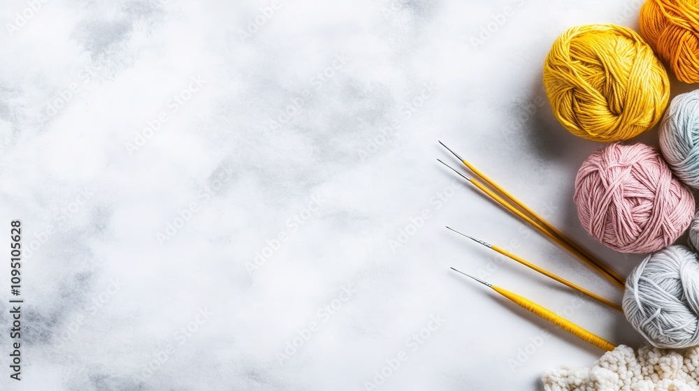Colorful yarn balls with knitting needles on marble. Colorful yarn balls with knitting needles on marble.