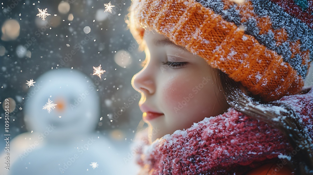 A close-up of snowflakes resting delicately on a child’s hair as they stand beside a snowman, vibrant colors in the child’s knit hat contrasting against the frosty white snow, A close-up of snowflakes resting delicately on a child’s hair as they stand beside a snowman, vibrant colors in the child’s knit hat contrasting against the frosty white snow,