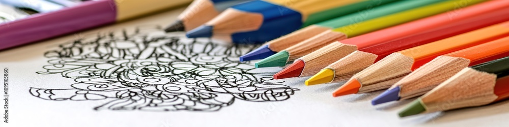 Fototapeta premium Colored pencils arranged by a mandala coloring book.