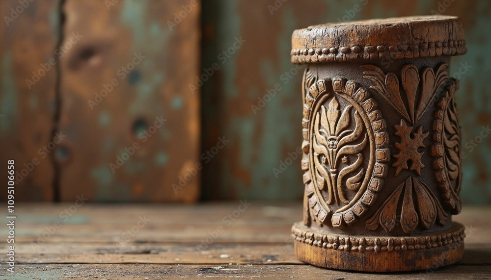 Carved Wooden Cylinder with Intricate Design Against Rustic Background Carved Wooden Cylinder with Intricate Design Against Rustic Background