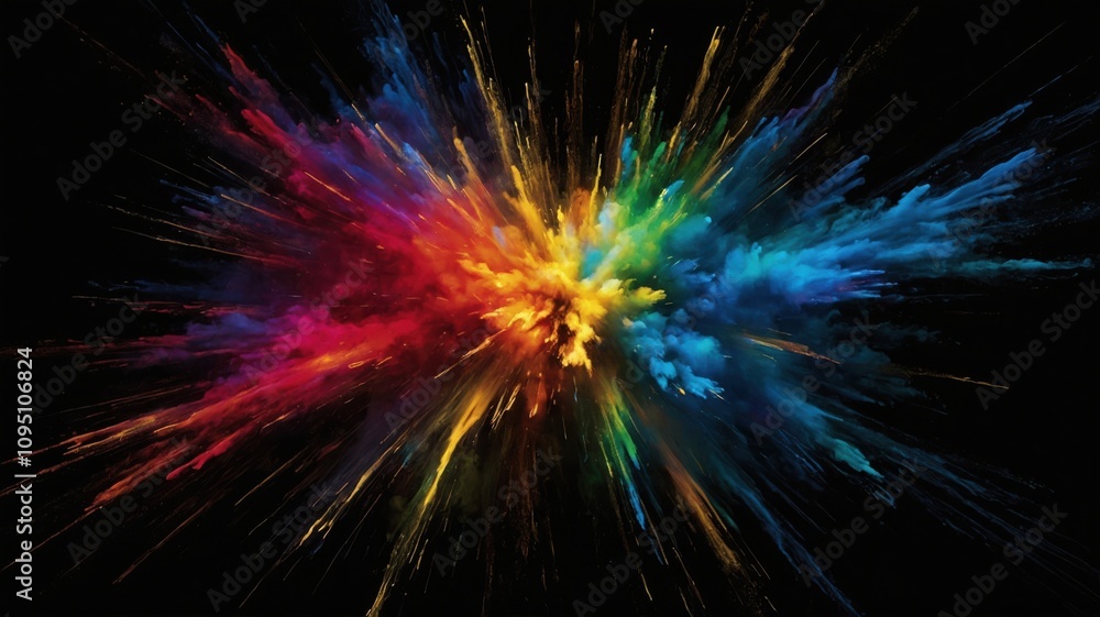 Fototapeta premium Dynamic burst of vibrant powder in rainbow colors against a black background, creating a striking and energetic visual impact. 