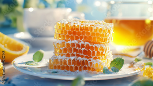 Delicious honeycomb stacked on plate, surrounded by fresh mint and lemon