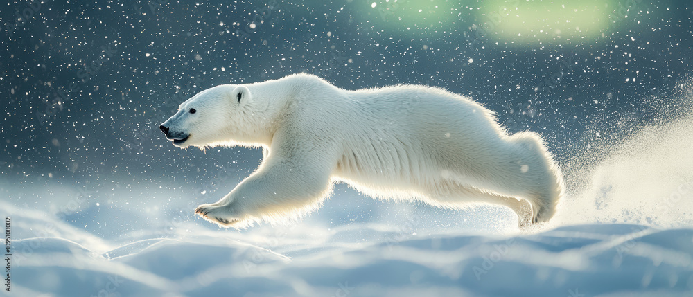 Naklejka premium playful polar bear leaps gracefully through snowy landscape, showcasing its agility and strength amidst falling snowflakes. scene captures beauty of winter wildlife