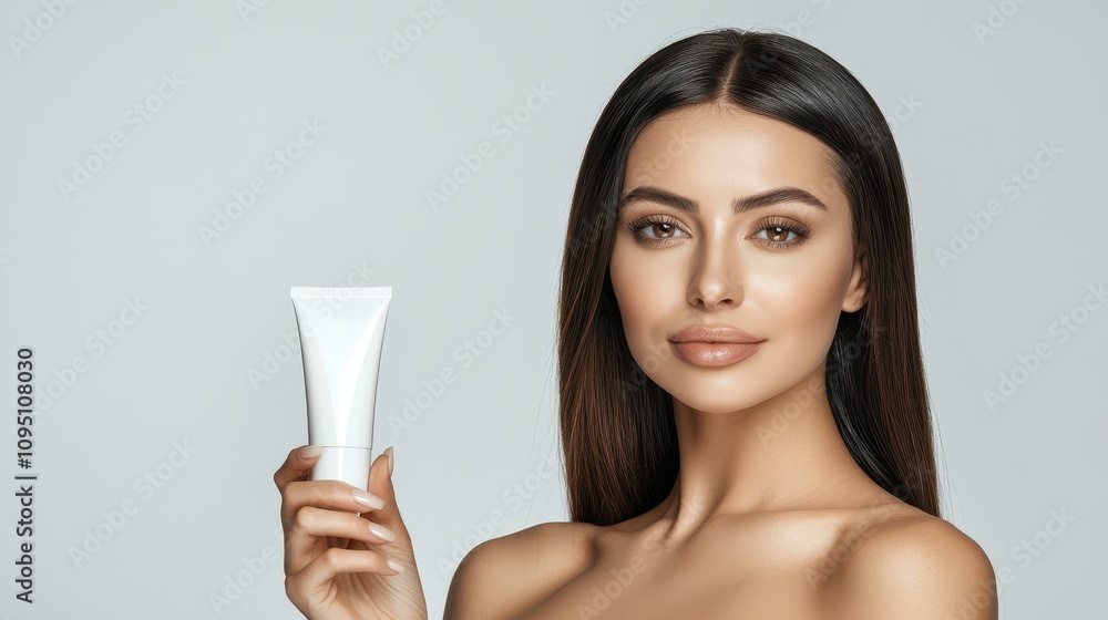 Young woman with long dark hair posing gracefully while holding a skincare cream tube against a neutral background, showcasing beauty and wellness concepts for promotional purposes. Young woman with long dark hair posing gracefully while holding a skincare cream tube against a neutral background, showcasing beauty and wellness concepts for promotional purposes.