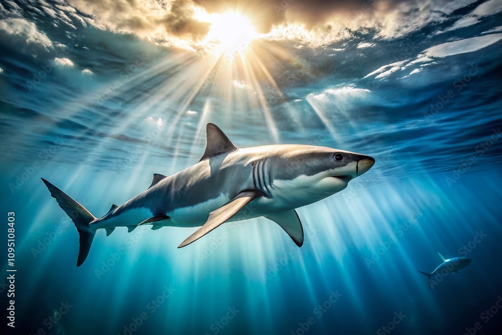 Stunning Great White Shark Swimming Gracefully in Clear Ocean Waters with Copy Space for Text and Illustration Purposes, Ideal for Educational and Marine Life Projects Stunning Great White Shark Swimming Gracefully in Clear Ocean Waters with Copy Space for Text and Illustration Purposes, Ideal for Educational and Marine Life Projects