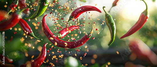 Fiery red and green chili peppers burst with flavor, surrounded by vibrant spices and lush green background, creating energetic and dynamic scene