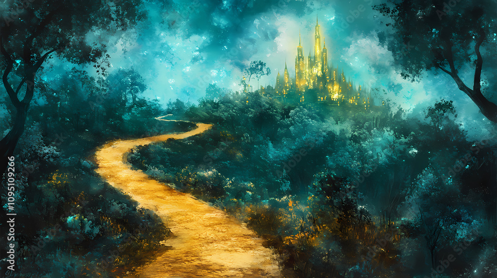 Obraz premium Enchanted golden pathway winding through a lush forest leading to a shimmering emerald city on the horizon painted in dreamy watercolors. Emerald Forest Pathway. Illustration