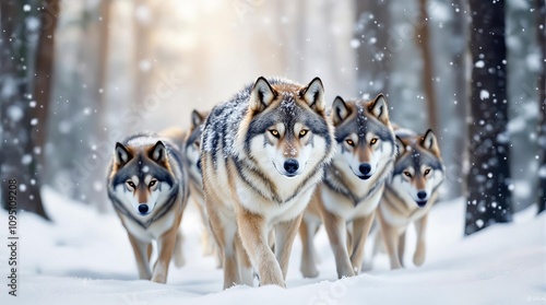 Majestic wolves walking confidently through snowy forest, symbolizing unity and strength photo