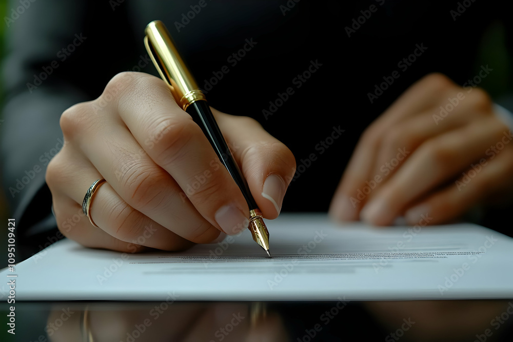 Photo - Hand Signing a Document with Gold Pen Photo - Hand Signing a Document with Gold Pen